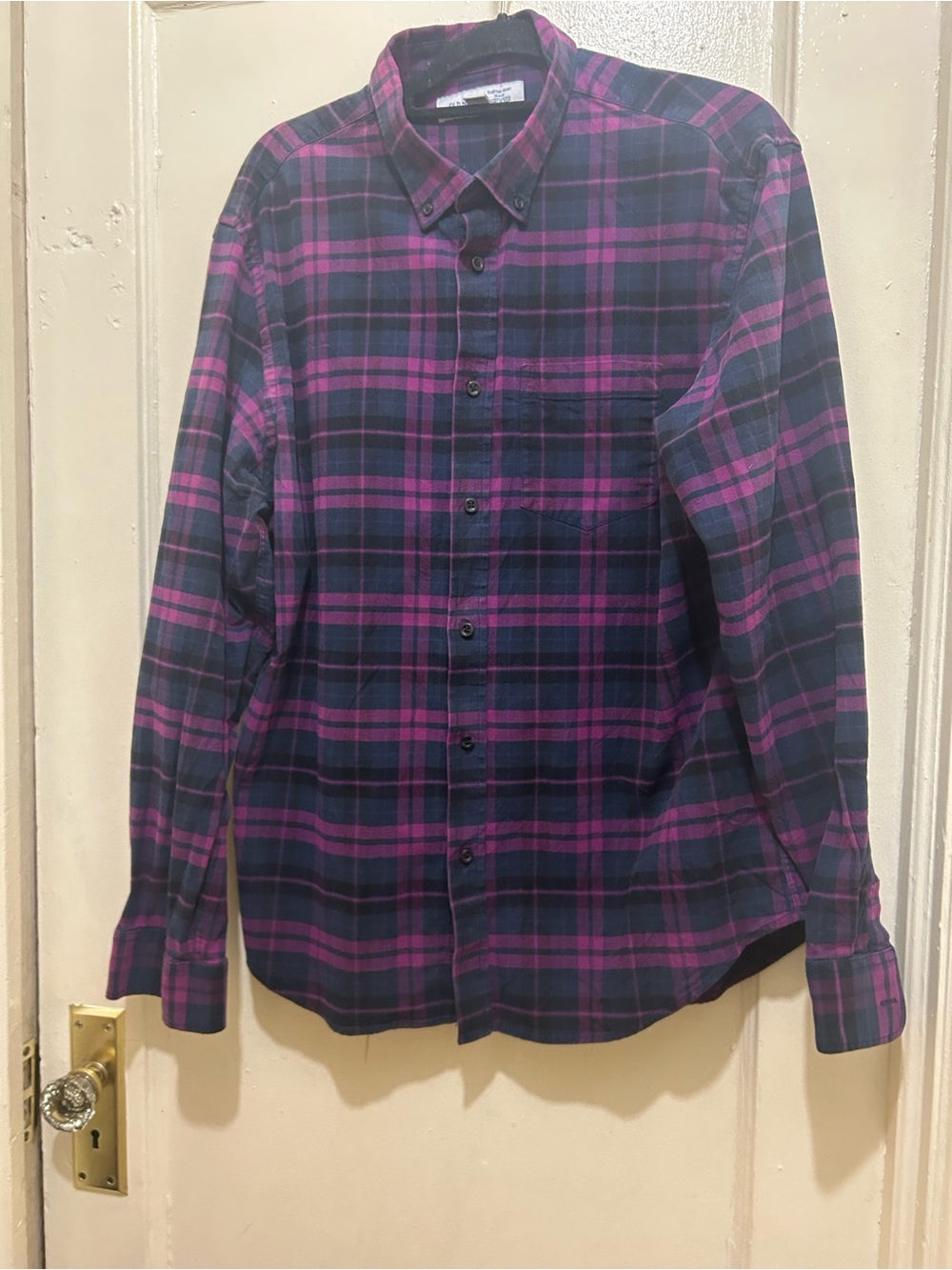 NWOT Old Navy Navy and Pink Plaid Button-Down Indian Cotton Spandex Shirt Sz XL
